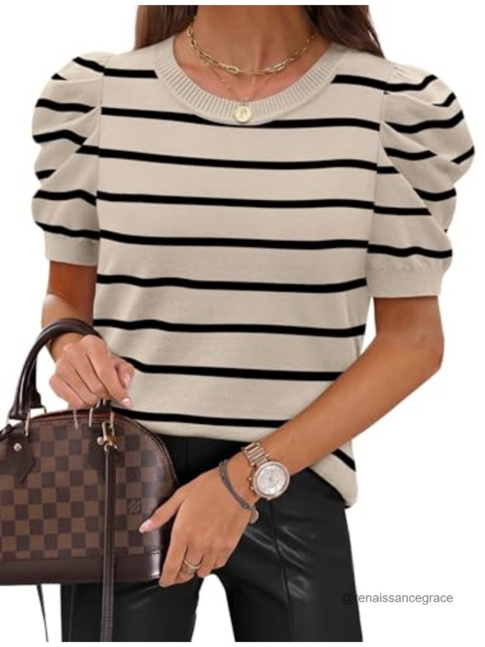 Short Puff Sleeve Knit Sweater Crewneck Striped Casual Summer Blouse